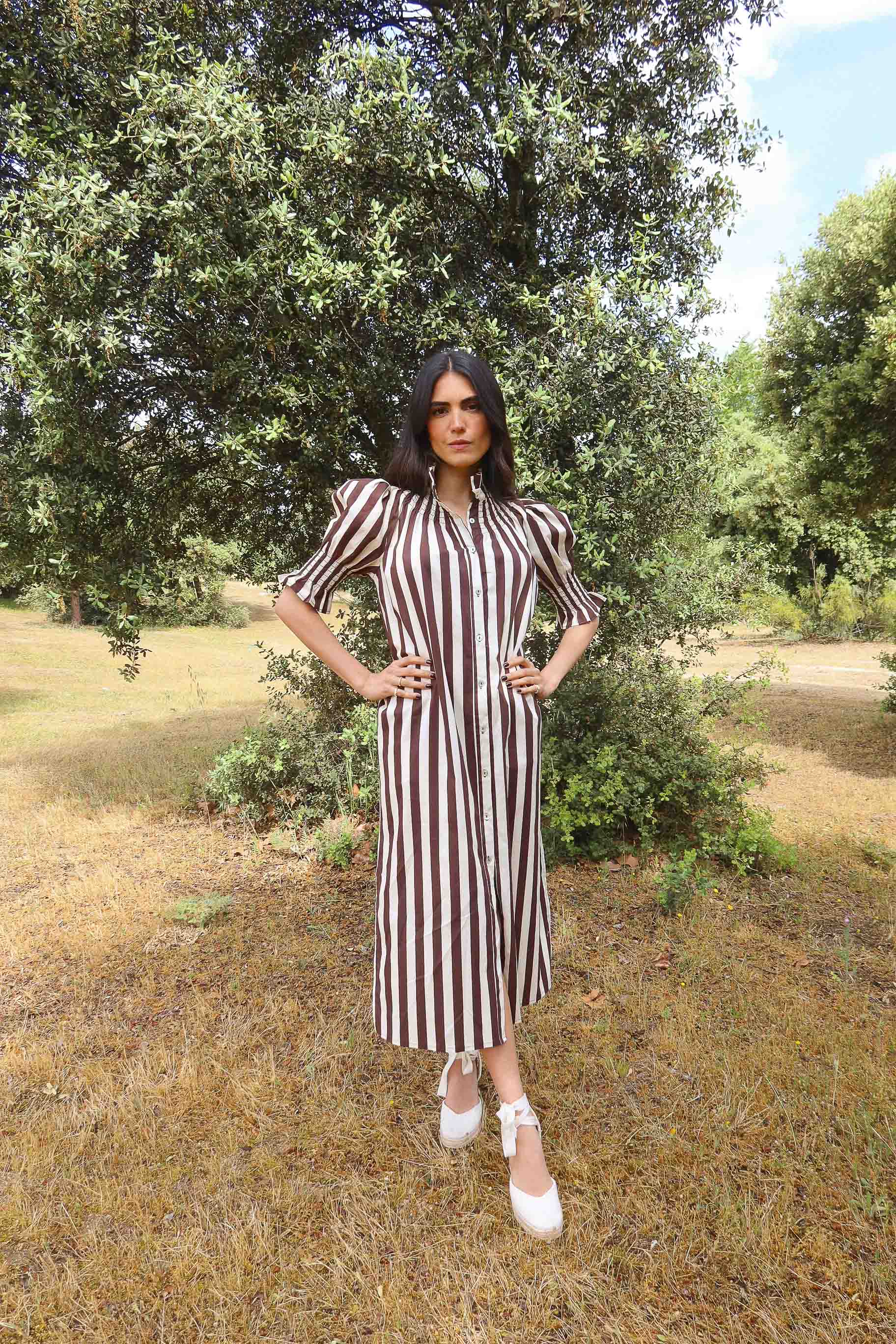 Vestido Ruché Rayas Marrón